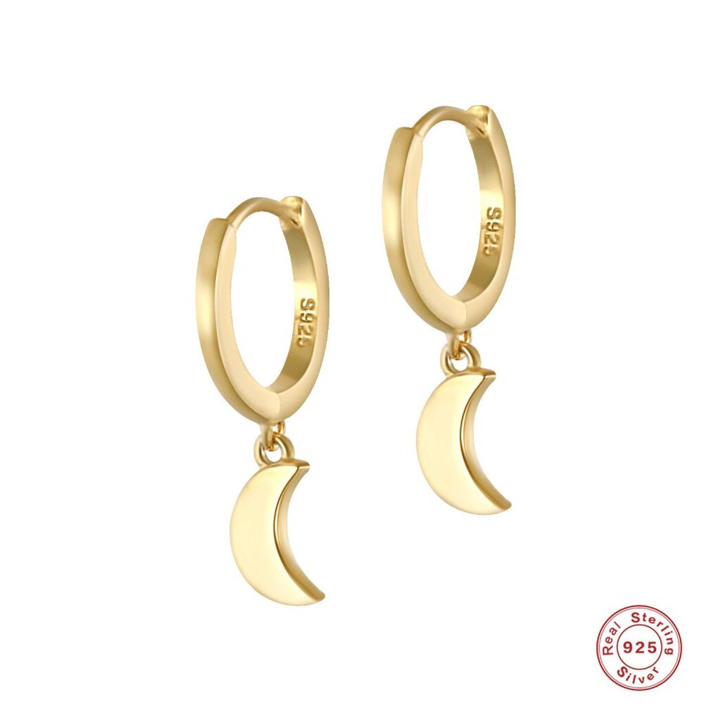 21084 925 Sterling Silver Moon Dangle Small Hoop Earrings | Minimalist Huggies